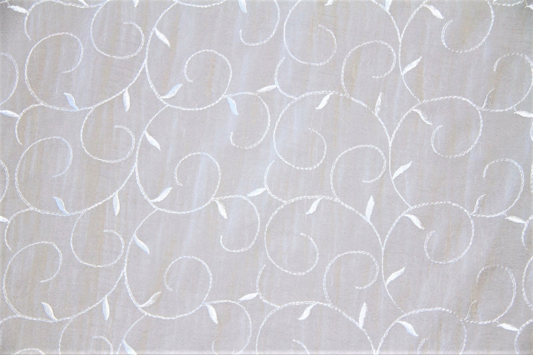 Discount Fabric SHEER Winter White Vine Embroidered Crushed Voile