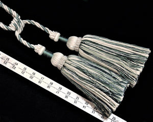 Tieback, 10" Double Tassel in Ivory & Teal Greens