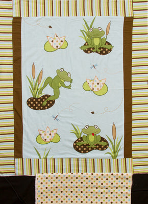 Frog Pads Appliqued Embroidered Flannel Panel & Coordinating Dot Backing Fabric