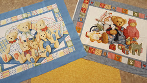 Pillow Nursery Baby Panel / Blue Jean Teddy Baby Panel & Coordinating Dark Gold Backing Fabric Kit