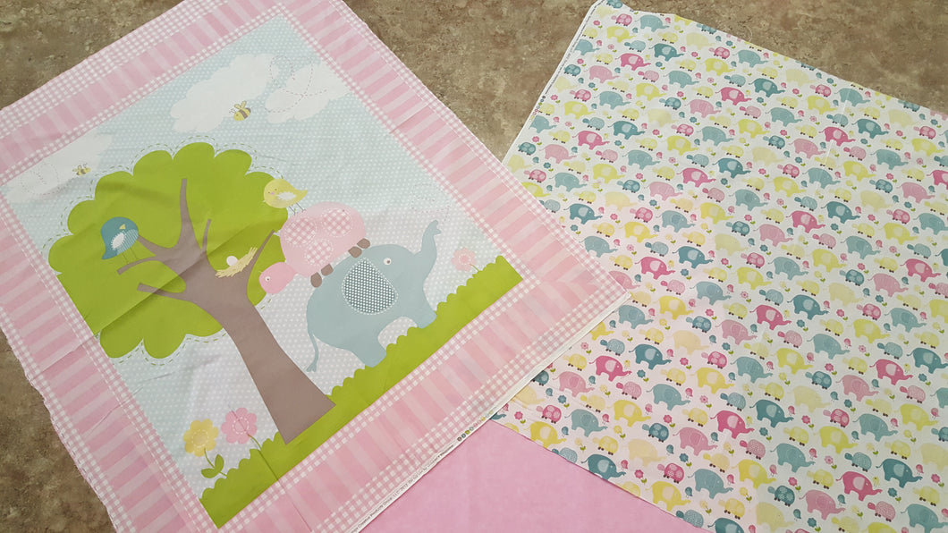 Elephant Baby Panel / Elephant Turtle All Over Print & Coordinating Pink Backing Fabric Kit
