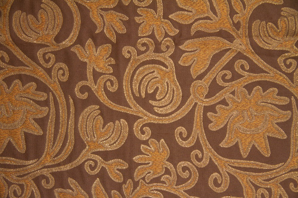 Discount Fabric JACQUARD Burnt Orange, Brown, Tan & Gold Metallic Floral Scroll Drapery