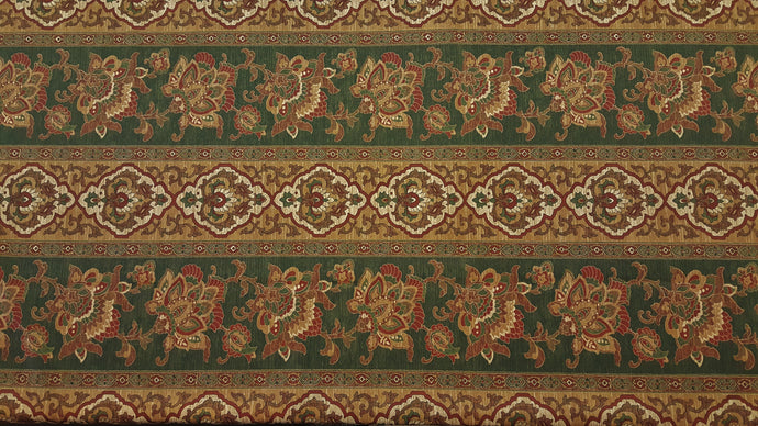 Discount Fabric DRAPERY OR BEDSPREAD Hunter Green, Brick Red, Brown & Tan Medallion Stripe Floral