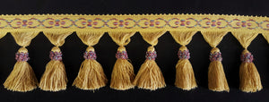 4 1/4" Gold, Rose & Blue Embroidered Decorative Tassel Fringe - 5 Yards