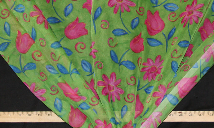Discount Fabric SEMI-SHEER Pink Tulips & Daisies On Green Drapery Fabric