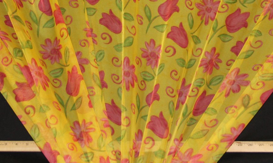 Discount Fabric SEMI-SHEER Coral Tulips & Daisies On Yellow Drapery Fabric