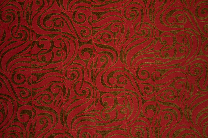 Discount Fabric CHENILLE Dark Taupe & Deep Red Geometric Swirl Upholstery & Drapery