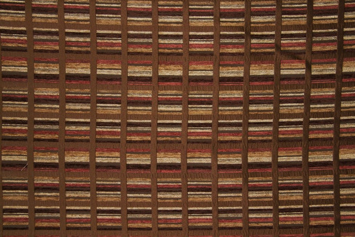 Discount Fabric CHENILLE Chocolate & Brick Red Geometric Upholstery & Drapery