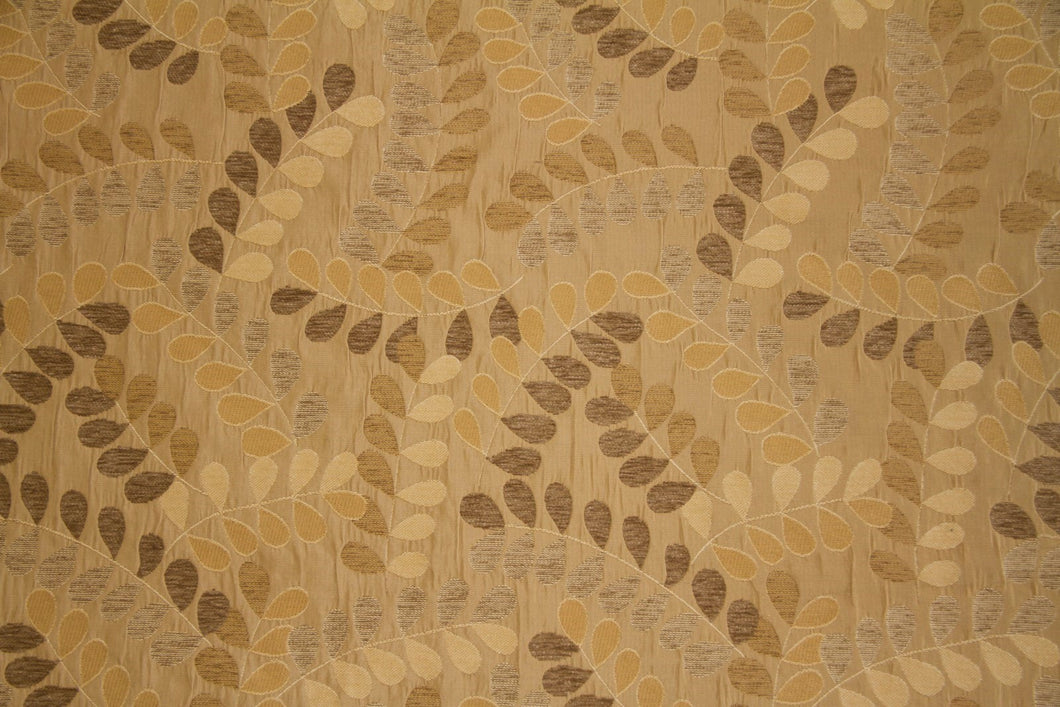 Discount Fabric JACQUARD Gold & Taupe Dancing Leaves Upholstery & Drapery