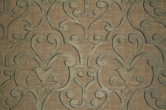 Discount Fabric JACQUARD Blue Gray & Taupe Scroll Upholstery & Drapery