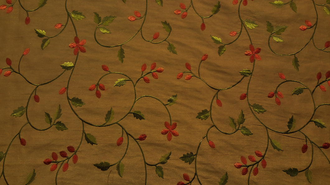 Rust & Dark Olive Floral Embroidered Taffeta Fabric