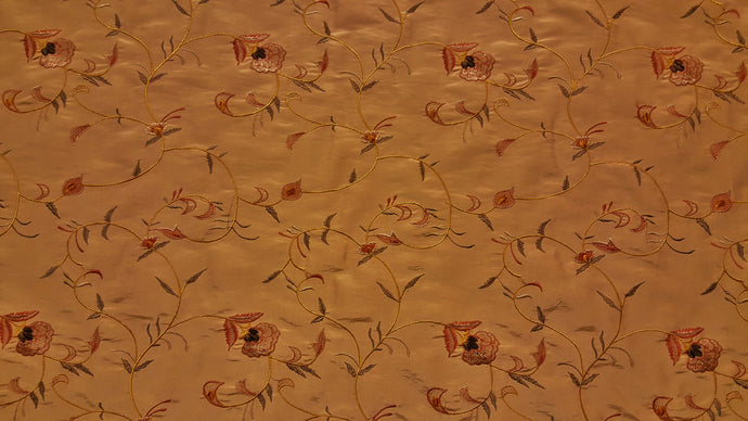 Gold, Rust & Chocolate Brown Floral Embroidered Taffeta Fabric
